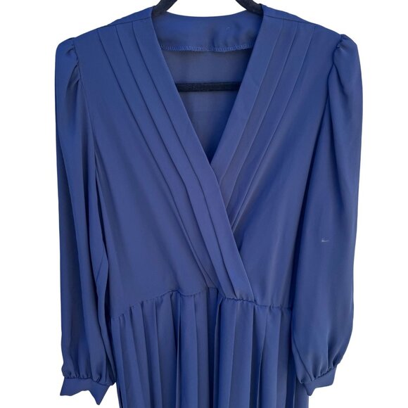 Vintage Womens Navy Blue Long-Sleeve Pleated V-Neck Flowy Semi Sheer Midi Dress - Picture 3 of 9